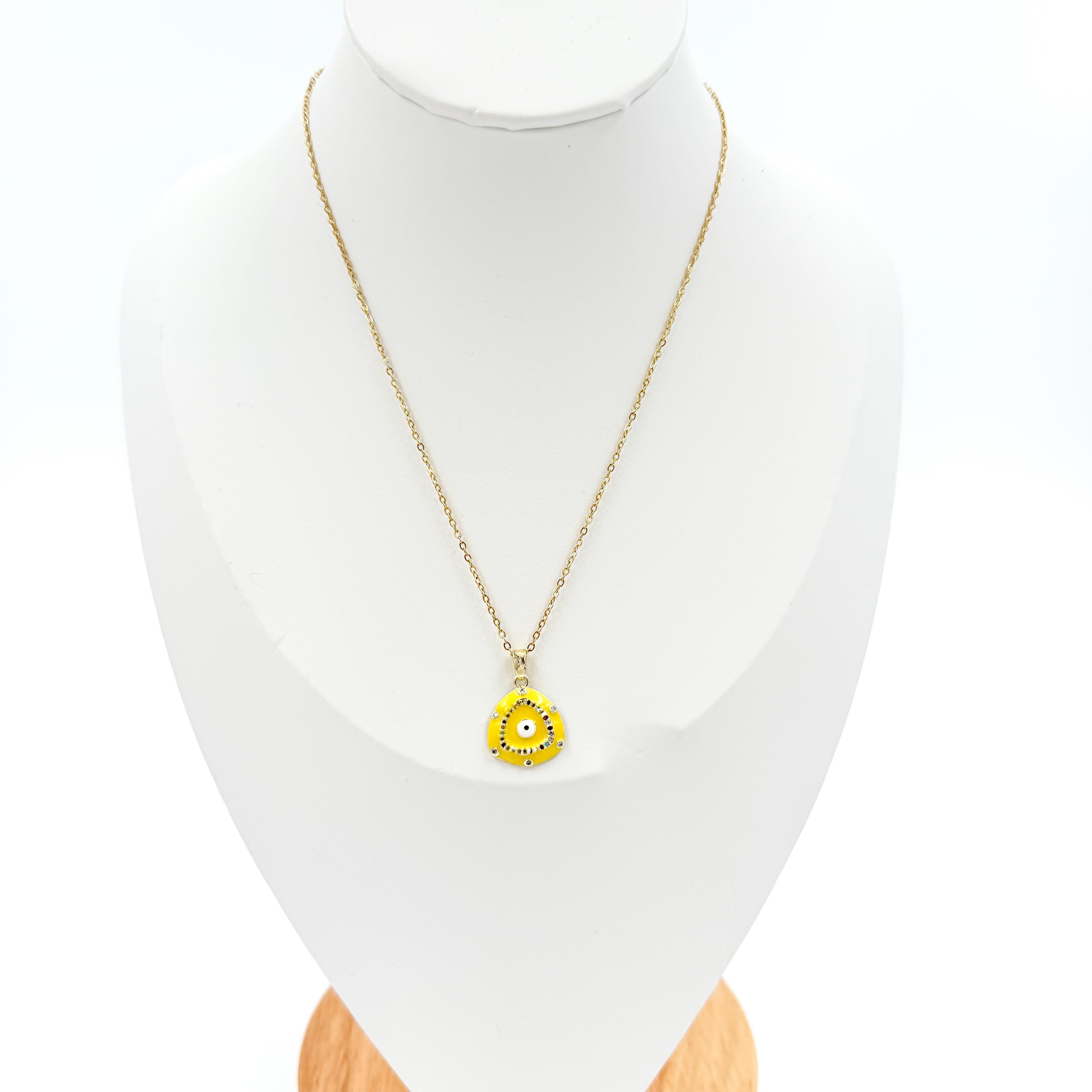 Κολιέ ατσάλινο χρυσό αυγό κίτρινο με ματάκι και στρας