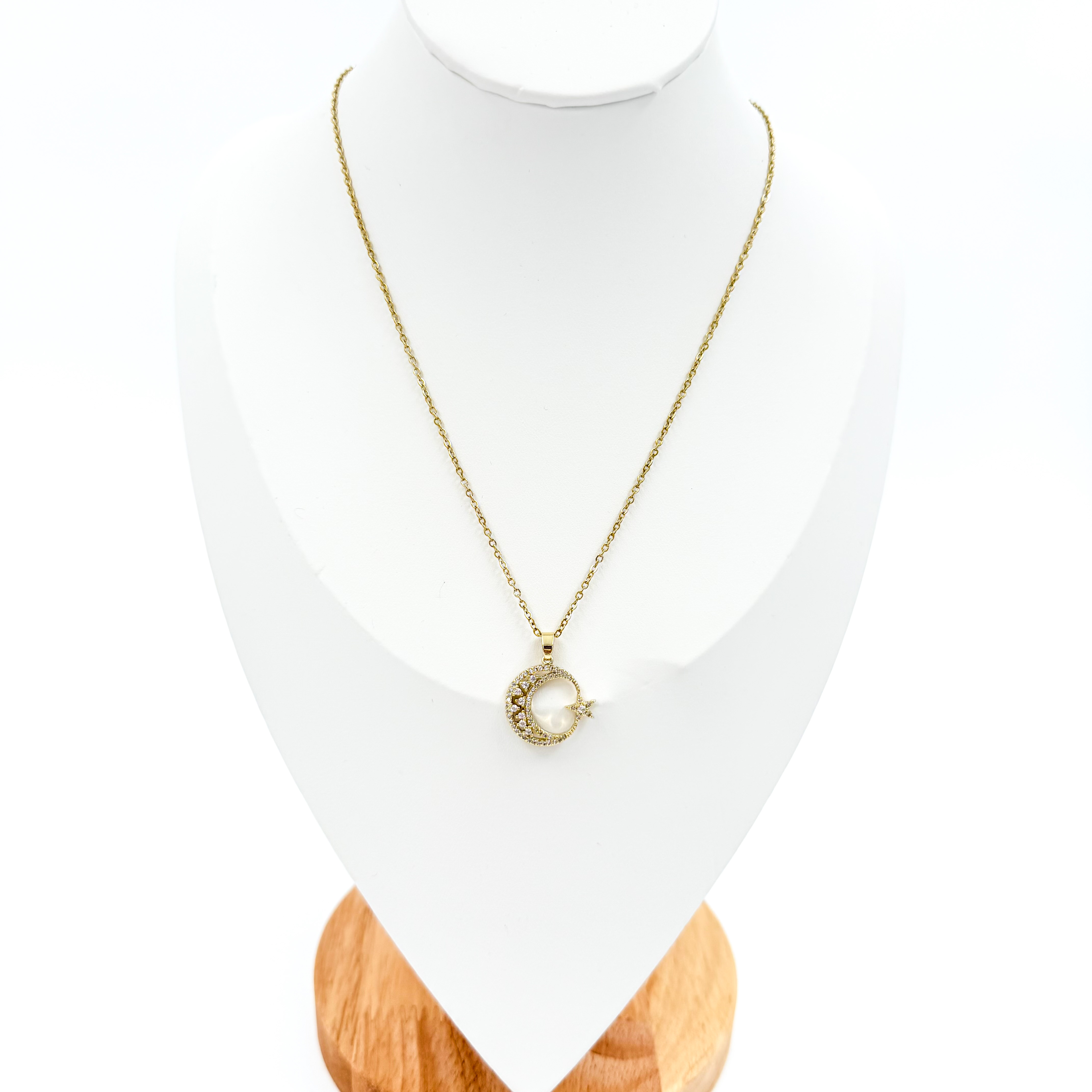 Σετ ατσάλινο κολιέ με σκουλαρίκια χρυσό μισοφέγγαρο με στρας