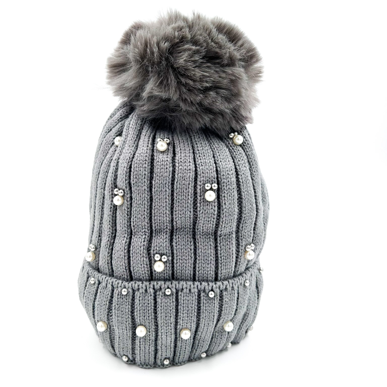 Σκούφος πλεκτός με πέρλες και στρας γκρι