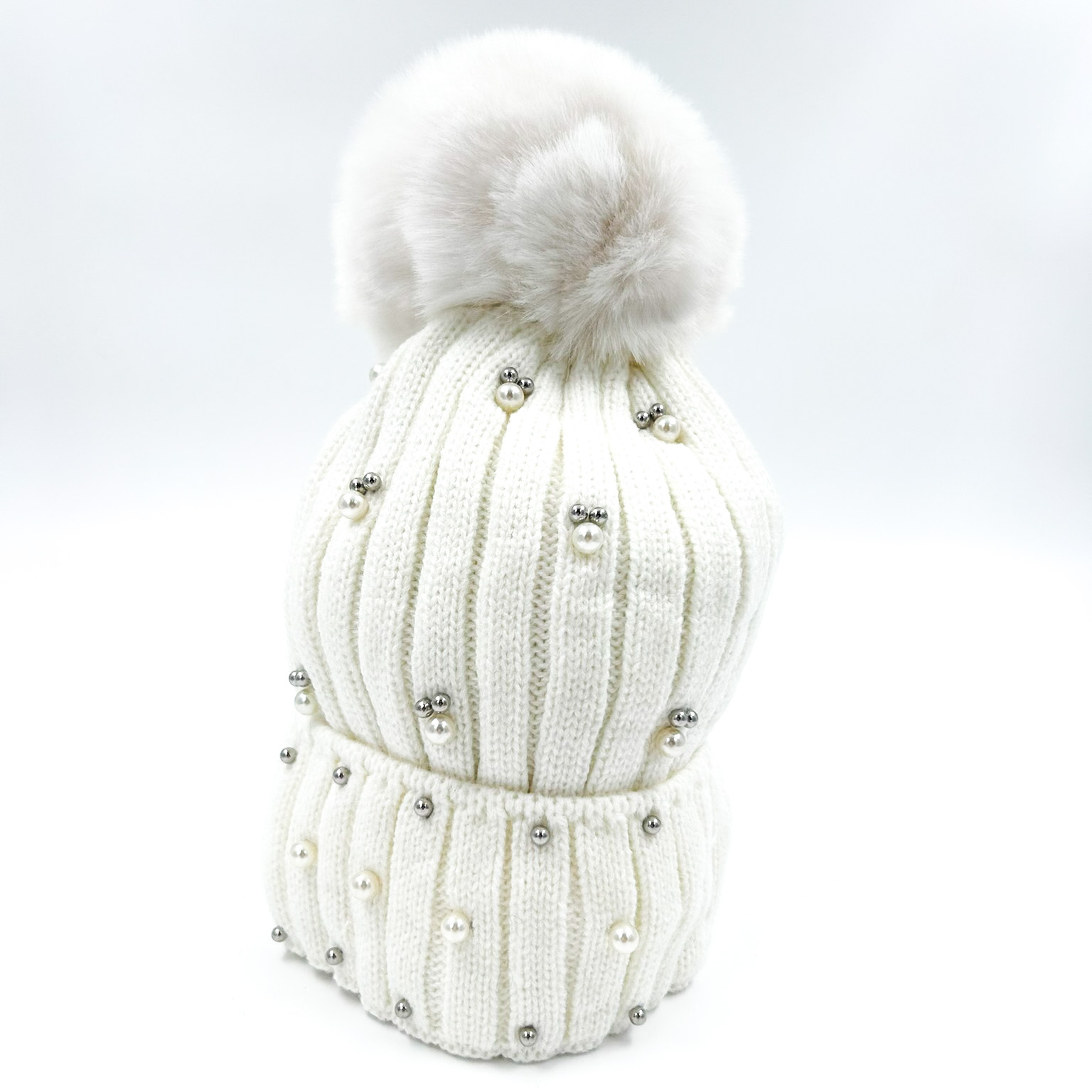 Σκούφος πλεκτός με πέρλες και στρας λευκό