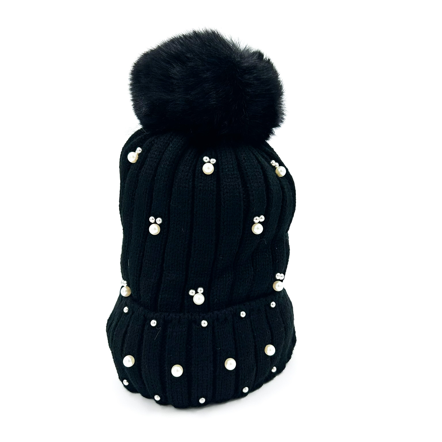 Σκούφος πλεκτός με πέρλες και στρας μαύρο