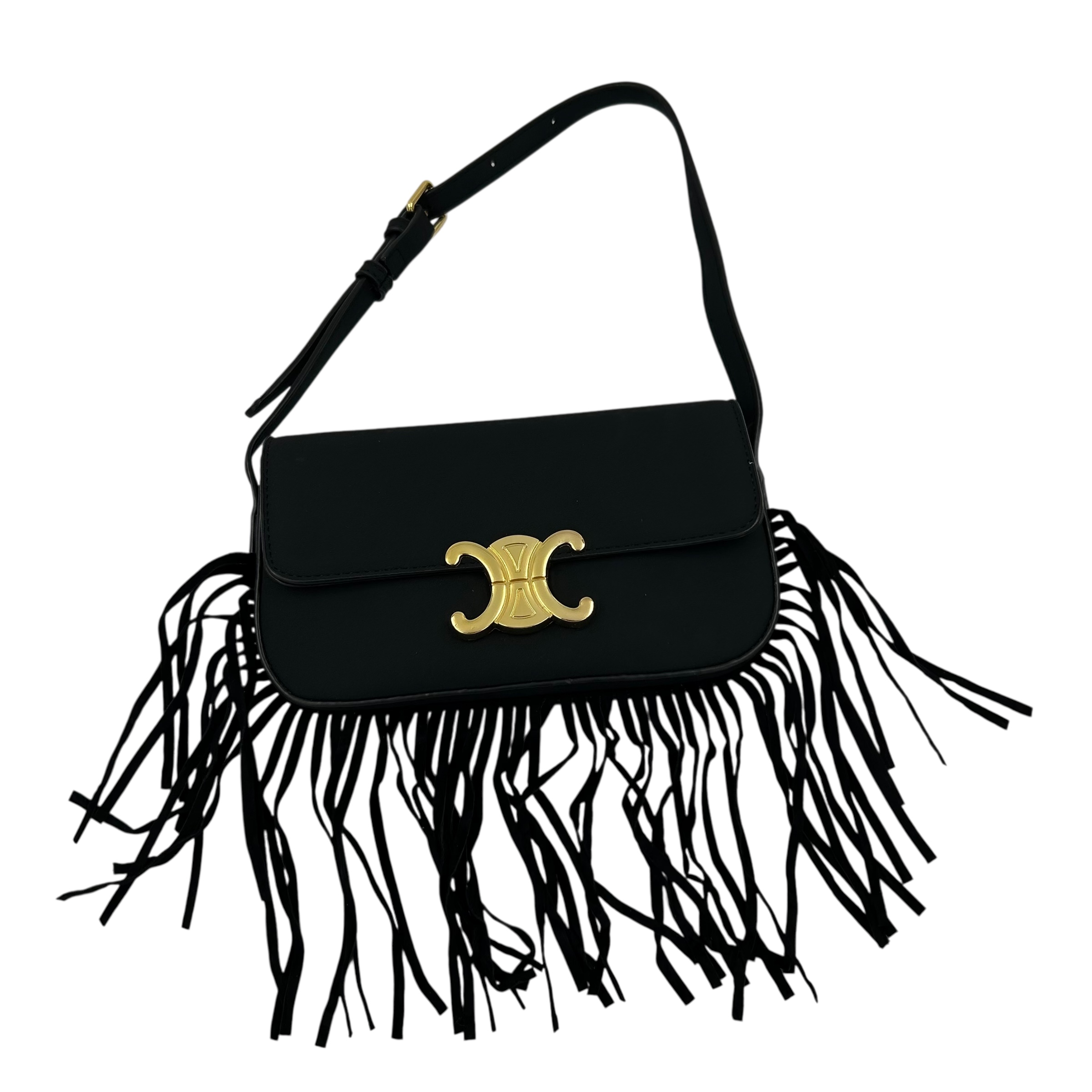 Τσαντάκι τύπου Celine μαύρο σουέτ με κρόσσια