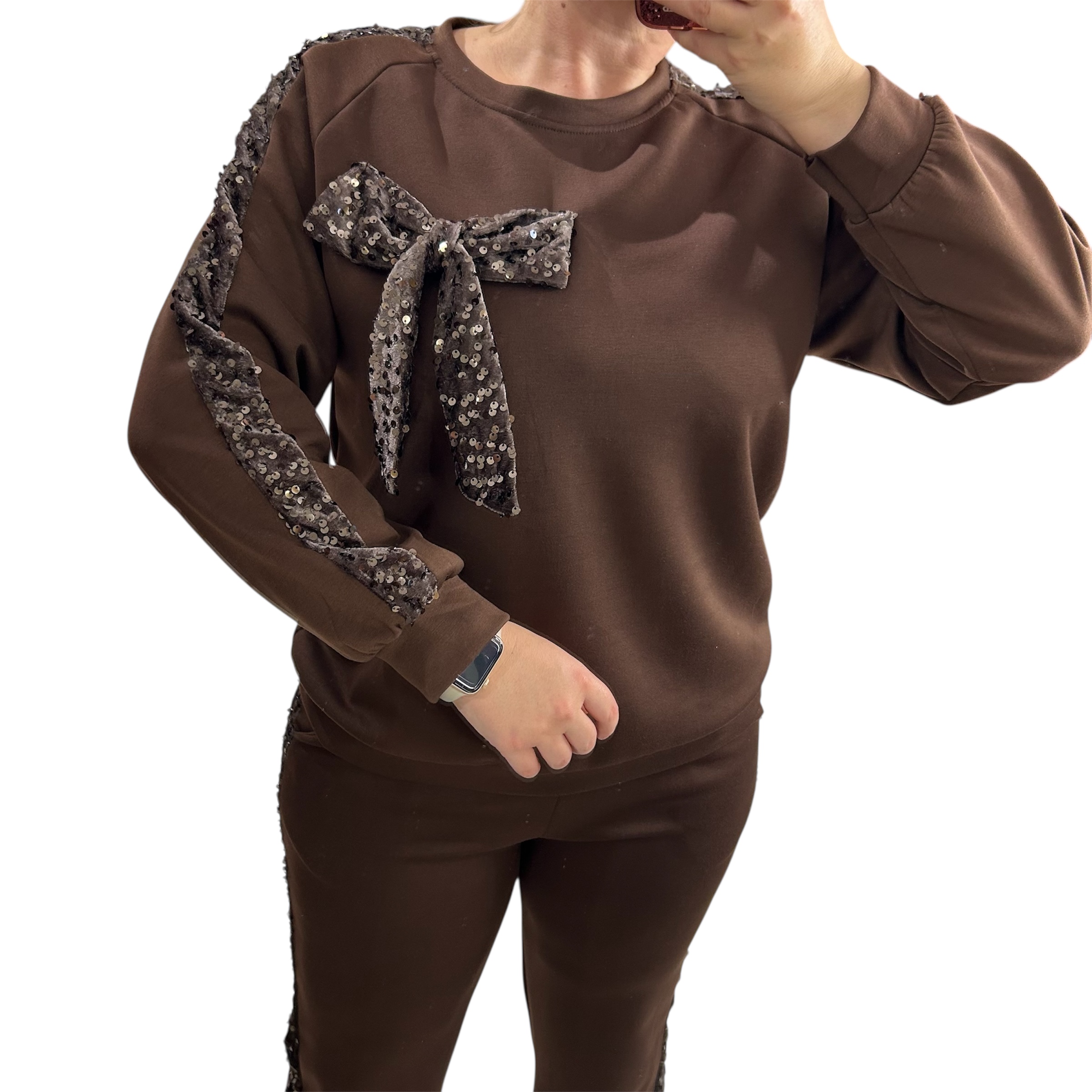 Σετ παντελόνι με μπλούζα καφέ με βελούδινο φιόγκο και πούλιες