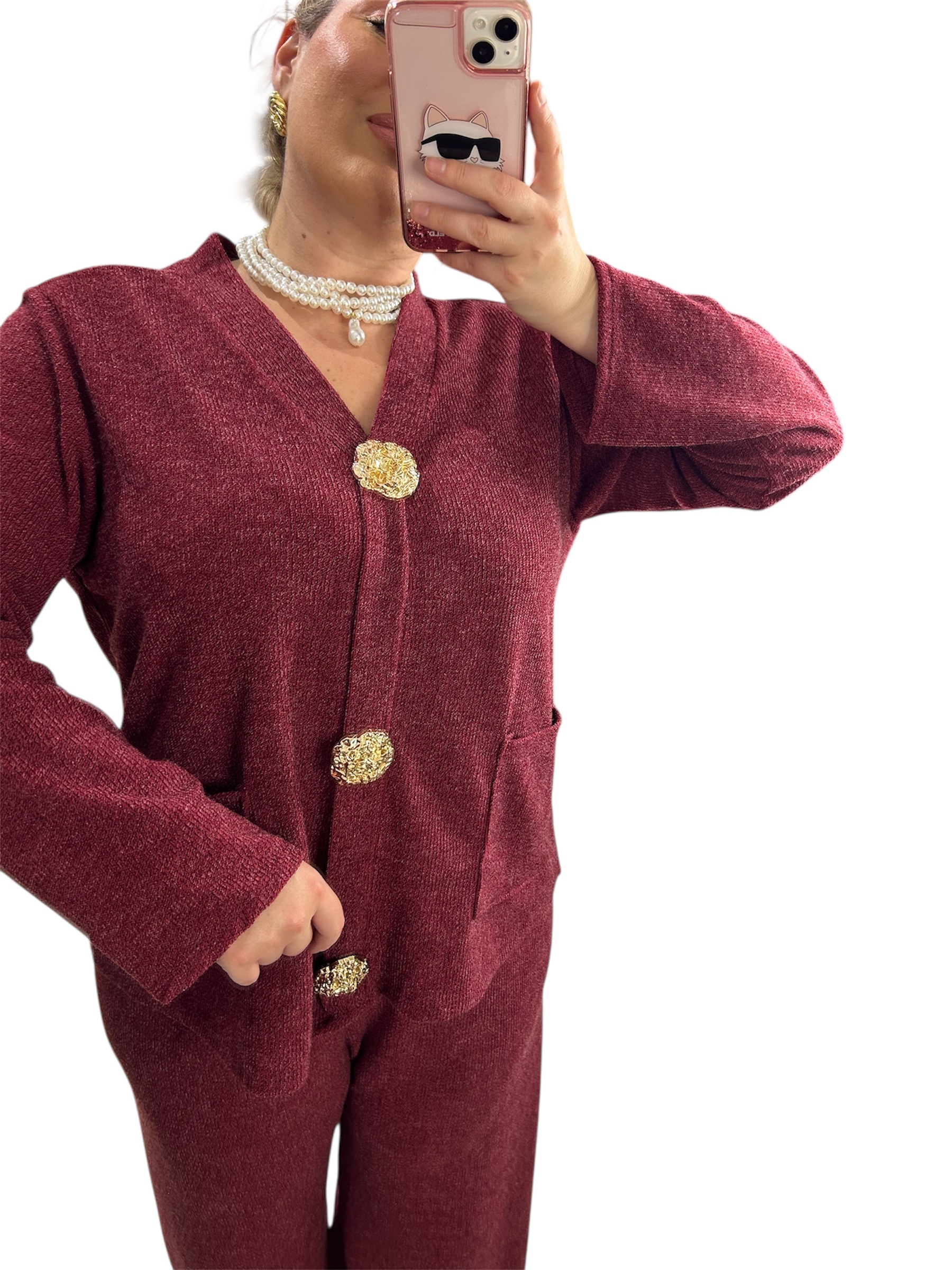 Σετ μπορντό παντελόνι με μπλούζα με χρυσές καρφίτσες 