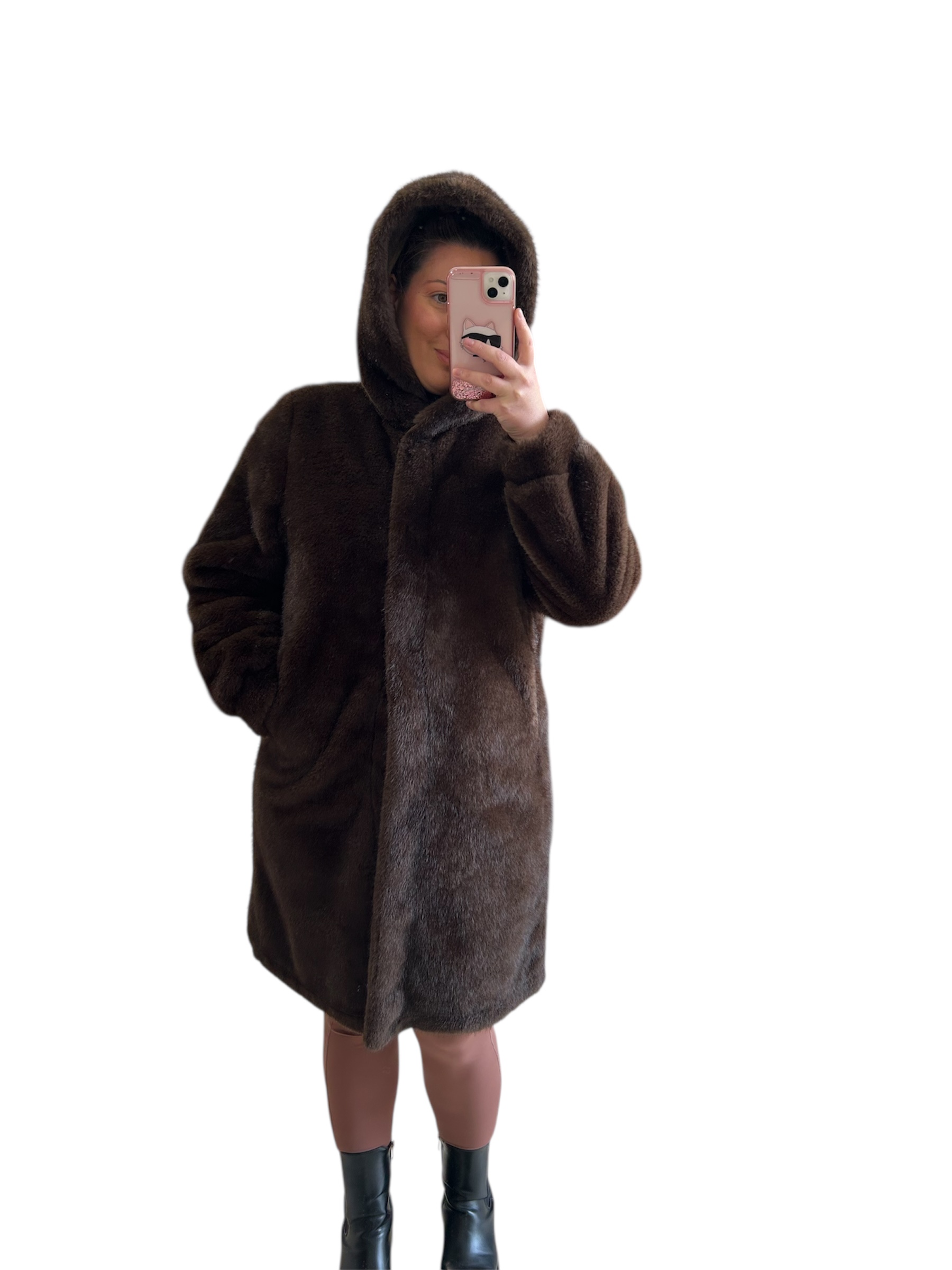Γούνα καφέ σκούρο με κουκούλα και τσέπες