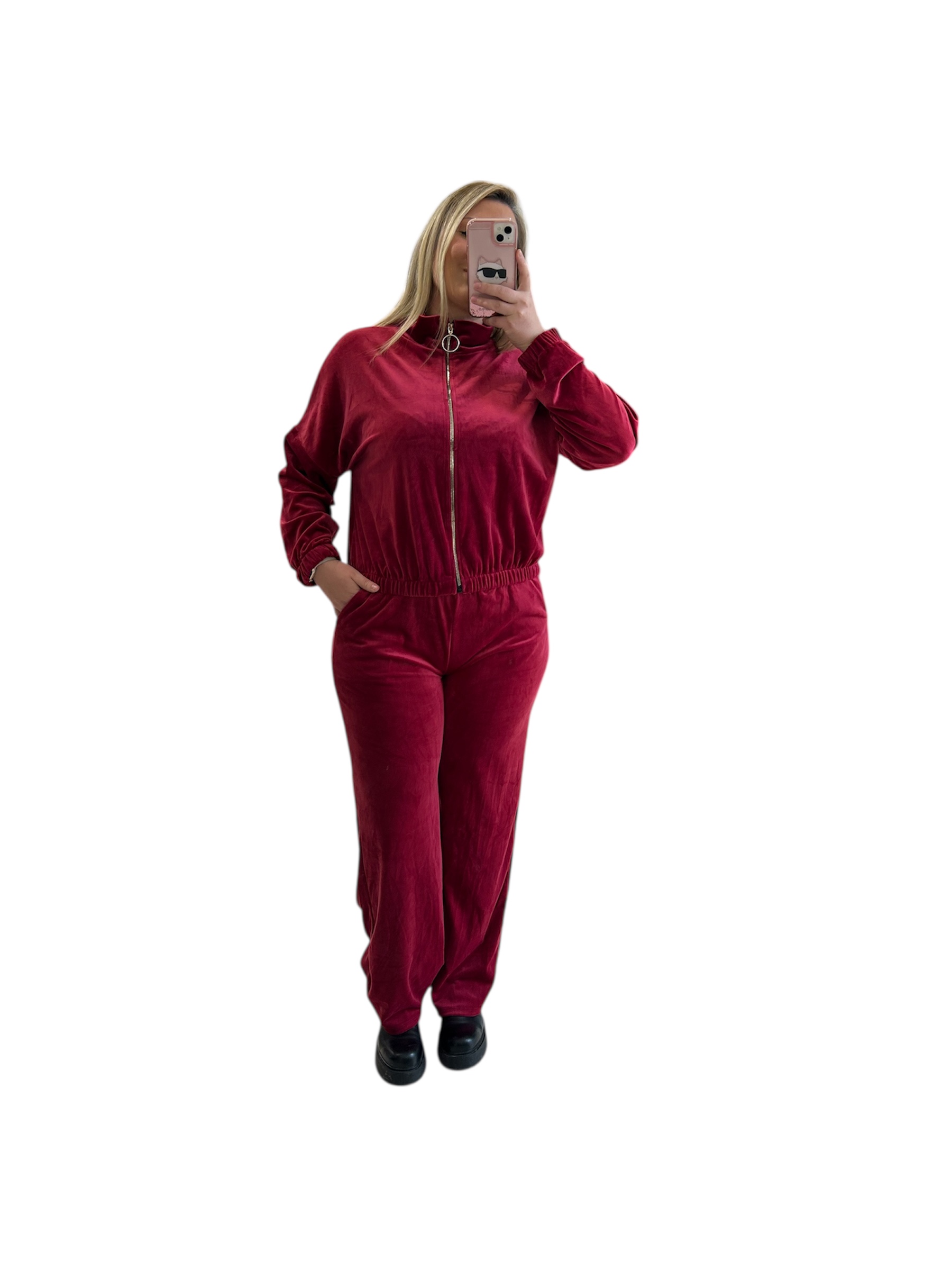 Σετ βελουτέ φόρμα με ζακέτα μπορντό 