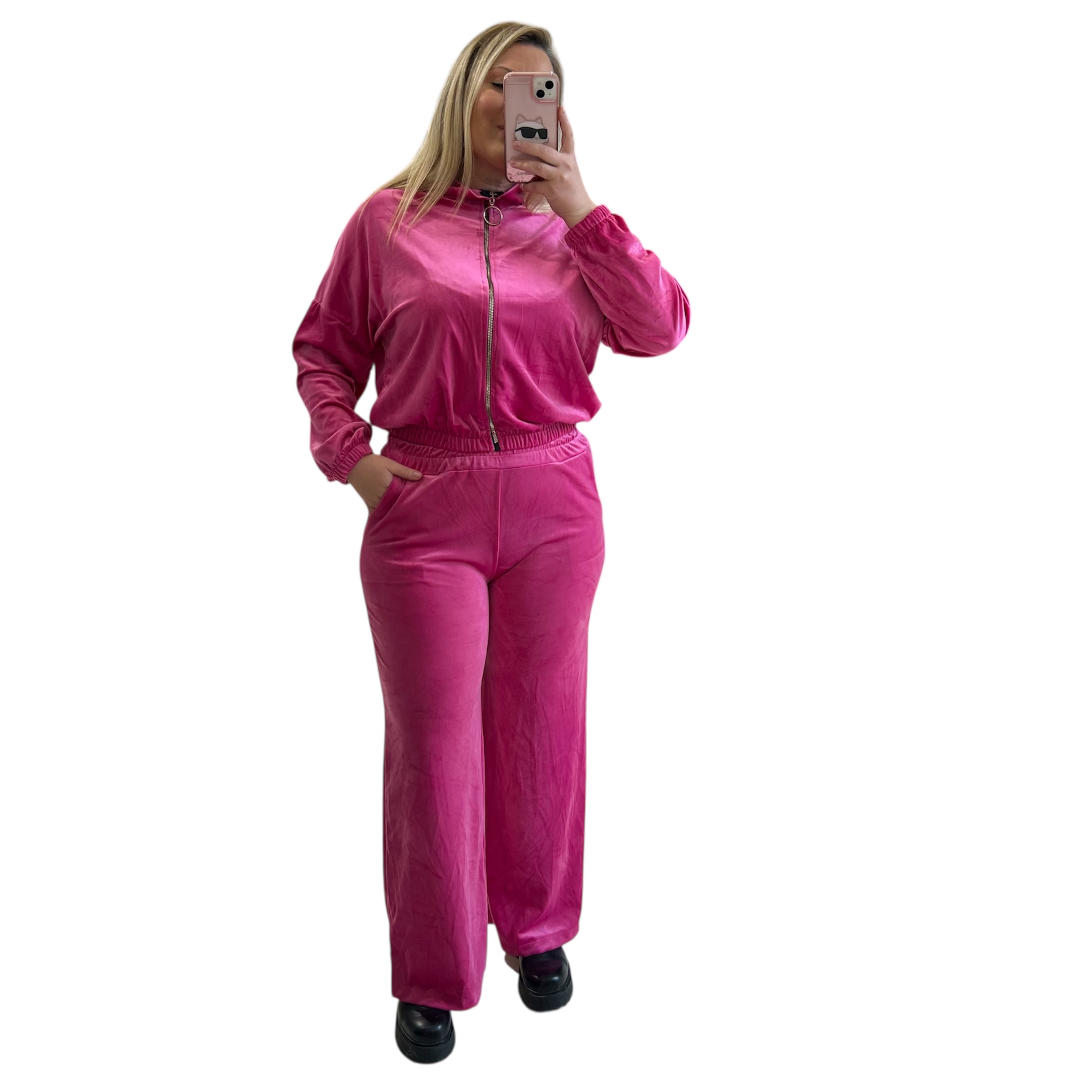 Σετ βελουτέ φόρμα με ζακέτα φούξια