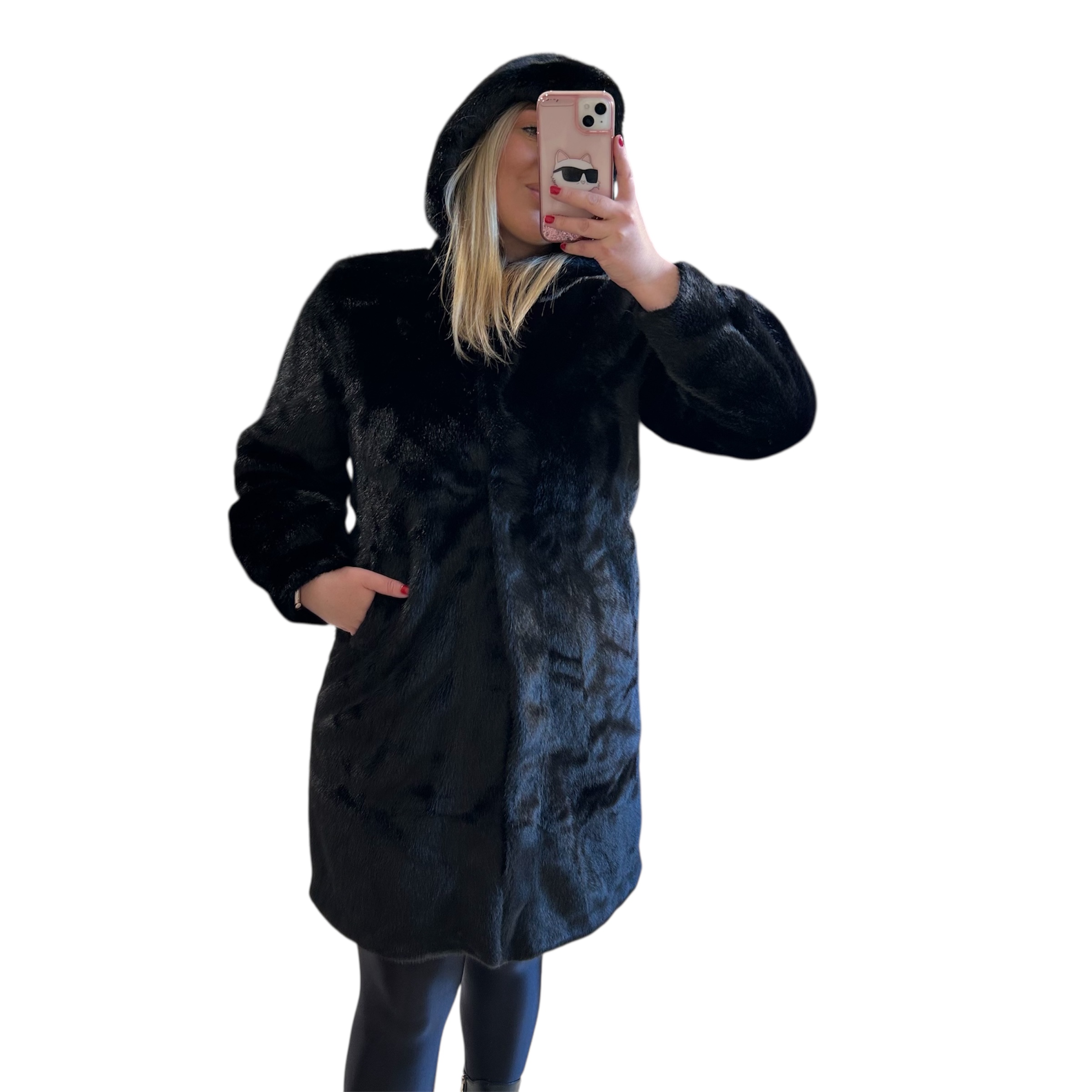 Γούνα μαύρη με κουκούλα και τσέπες