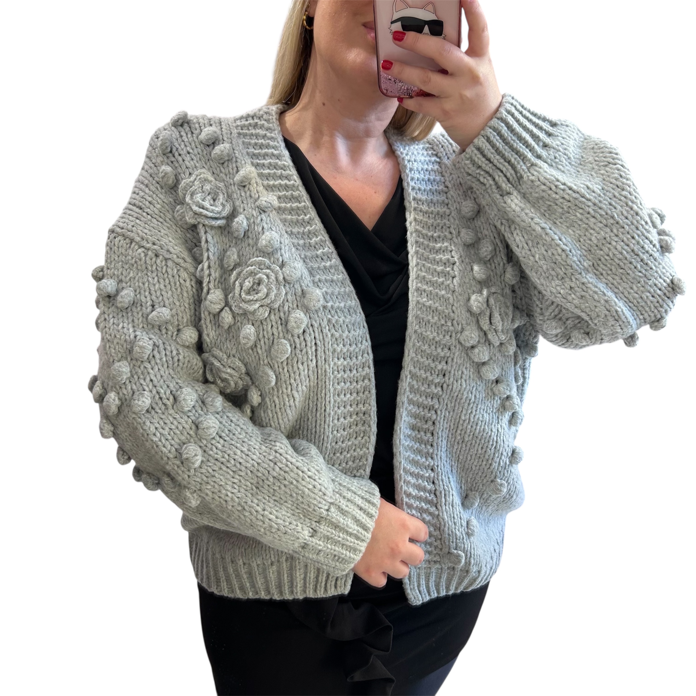 Ζακέτα πλεκτή με λουλούδια γκρι