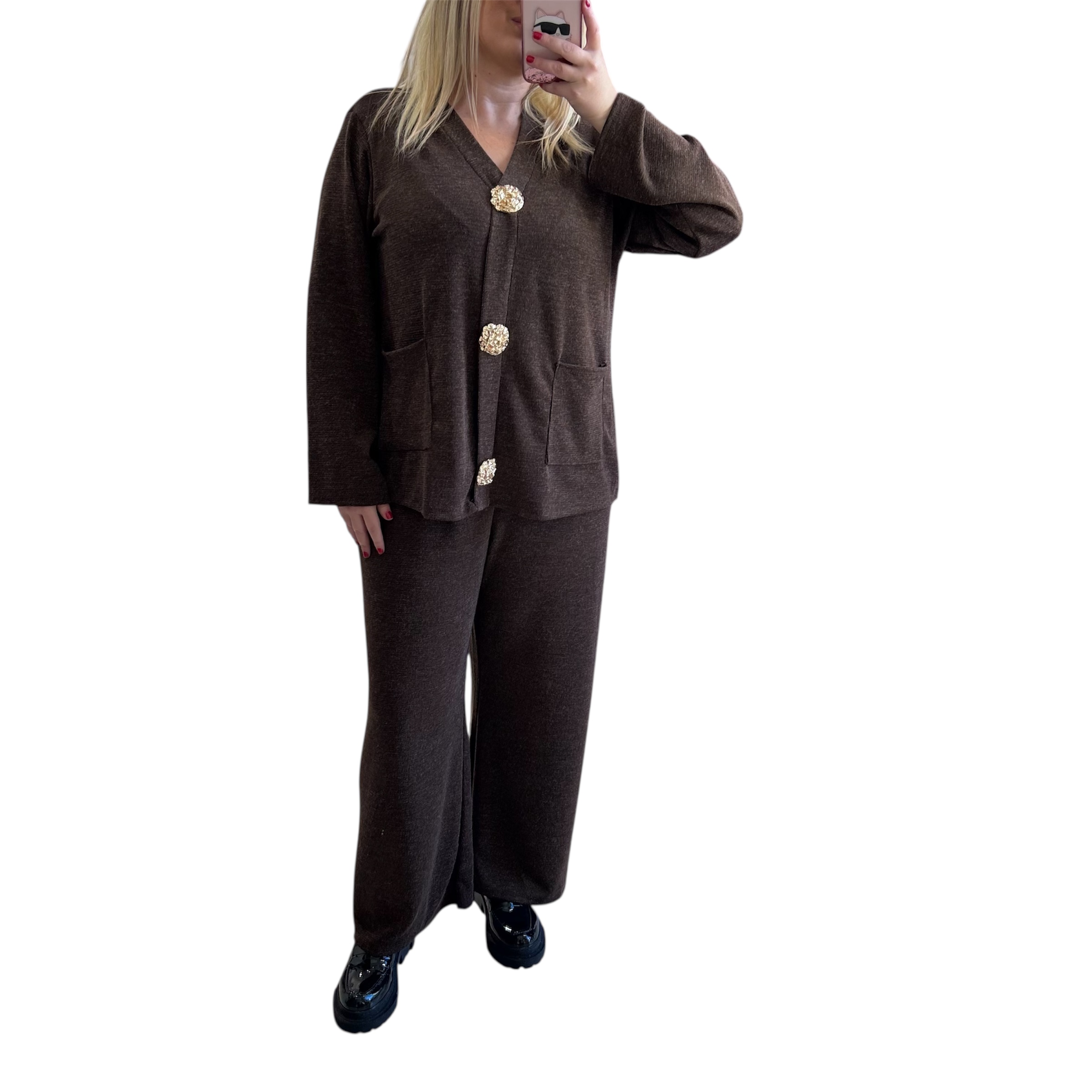 Σετ καφέ παντελόνι με μπλούζα με χρυσές καρφίτσες