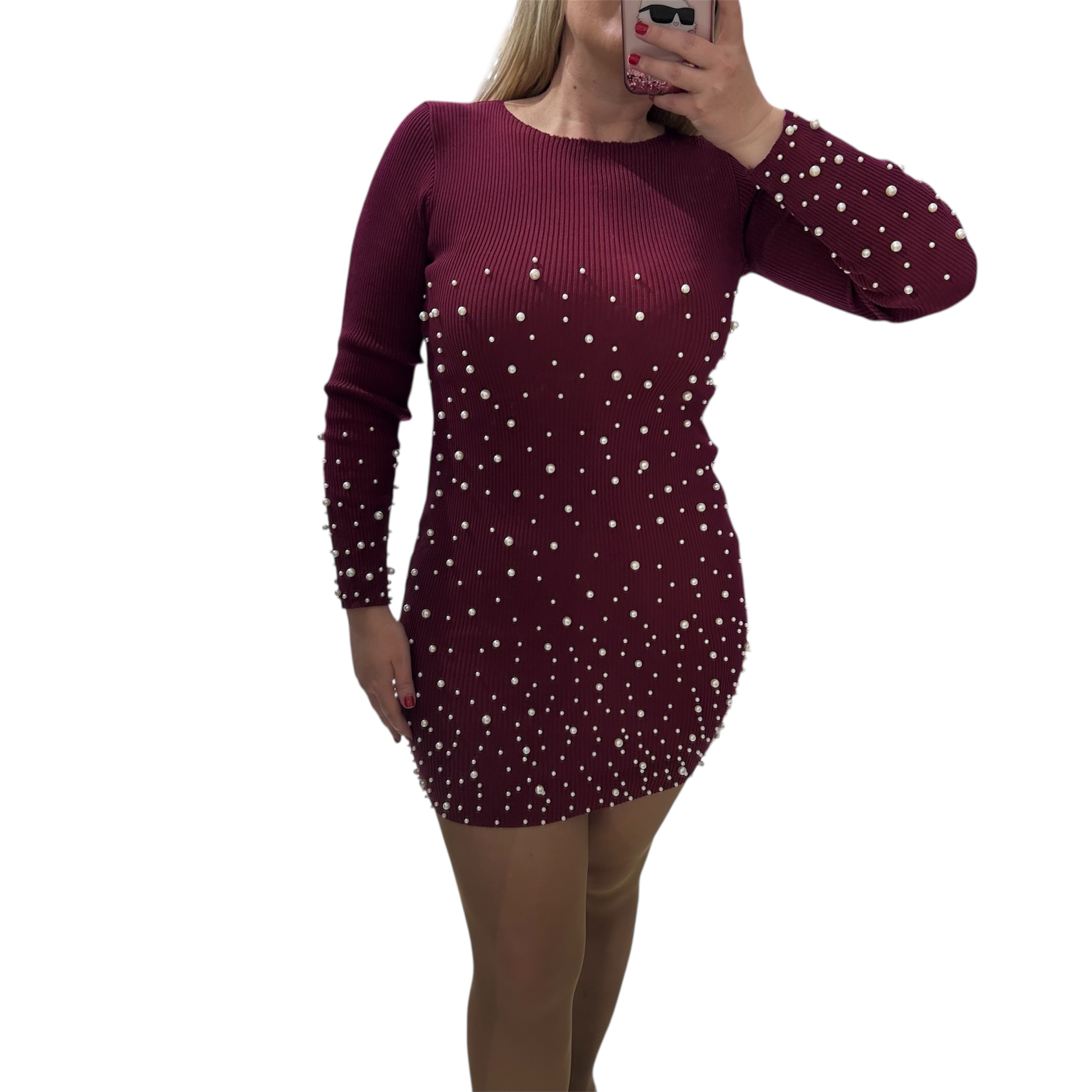 Φόρεμα μπορντό ριμπ με πέρλες μίνι