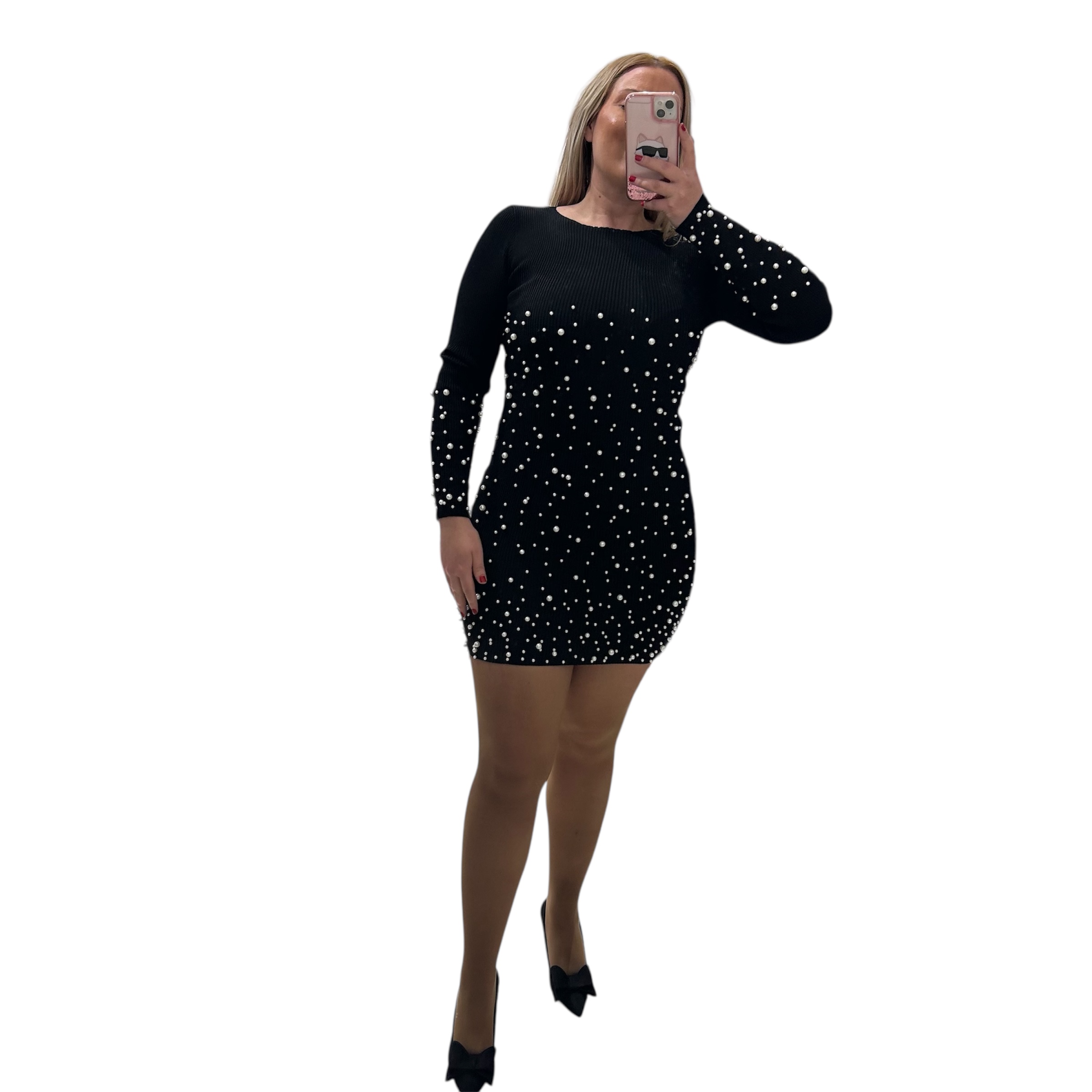 Φόρεμα μαύρο ριμπ με πέρλες μίνι