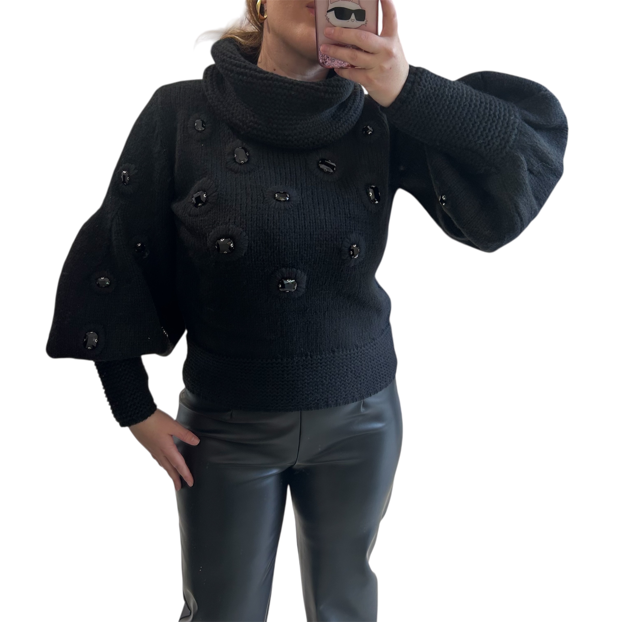 Πλεκτή μπλούζα μαύρη με στρας μαύρα