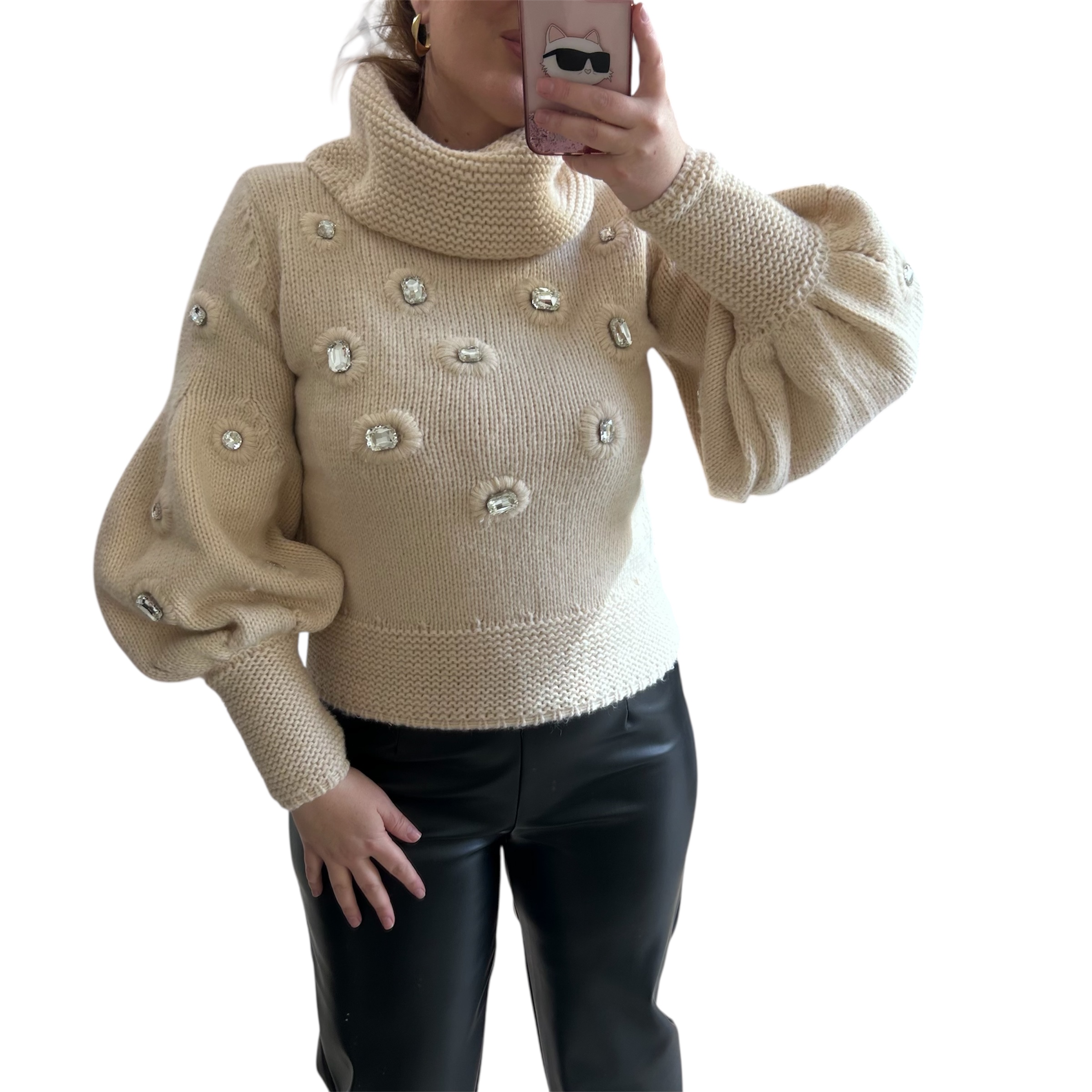 Πλεκτή μπλούζα μπεζ με στρας 