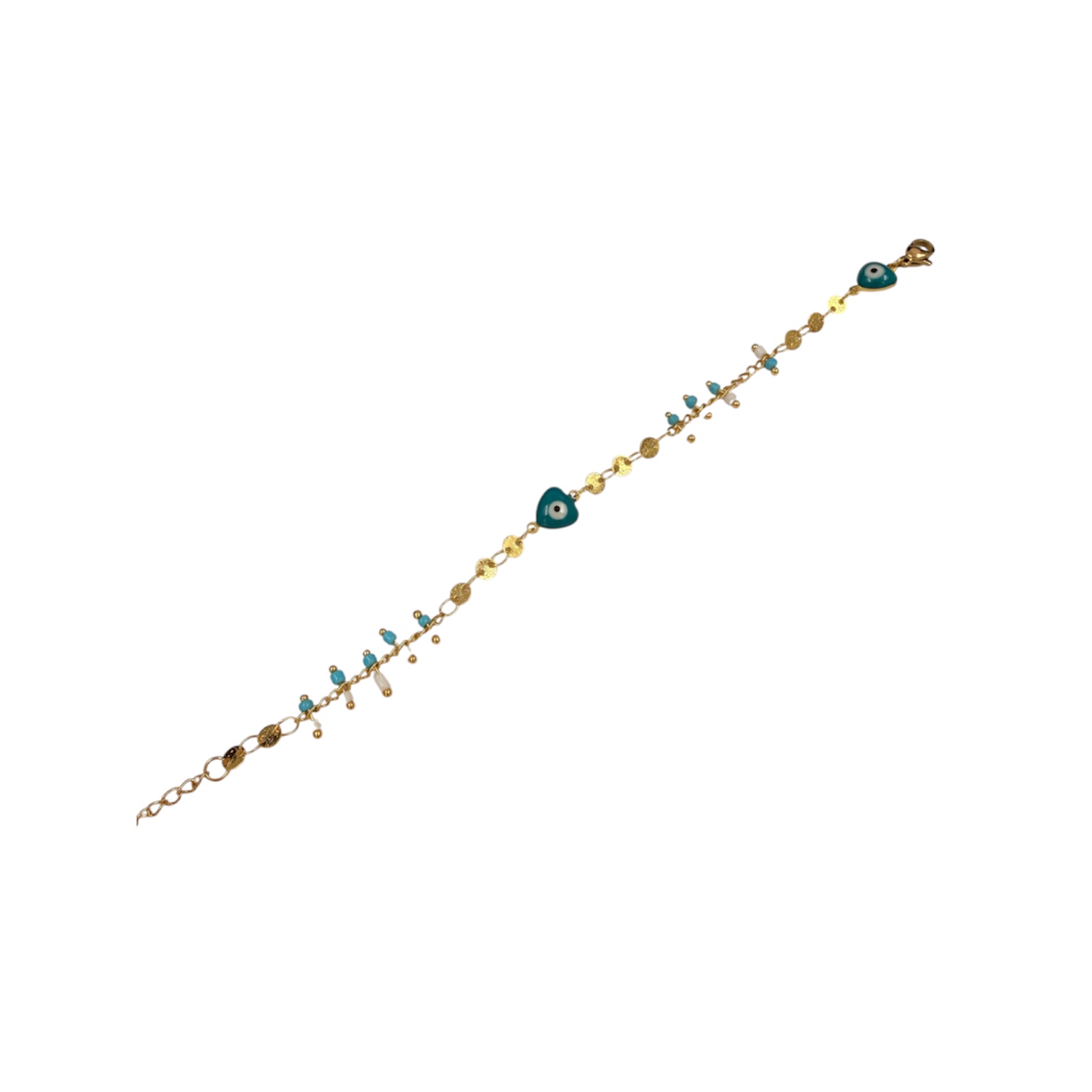 Βραχιόλι ατσάλινο χρυσό με χάντρες τιρκουάζ και ματάκια