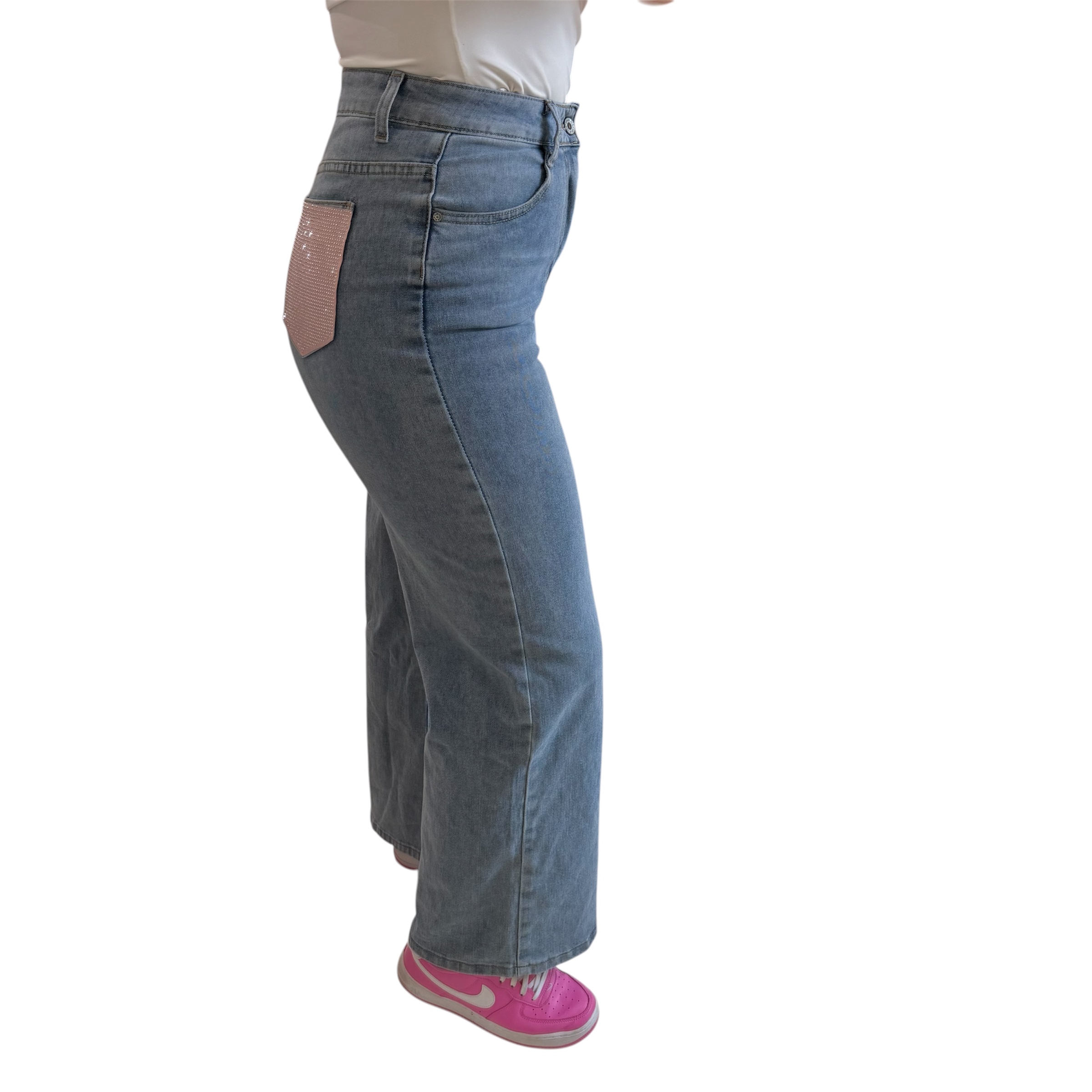 Τζιν μπλε ψηλόμεσο με στρας ροζ στην τσέπη
