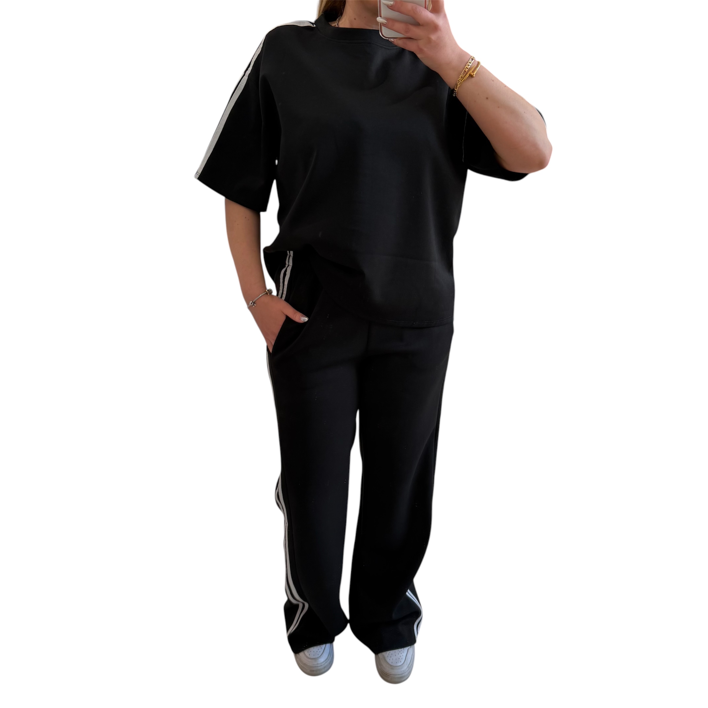 Σετ παντελόνι με κοντομάνικη μπλούζα μαύρο με λευκή ρίγα