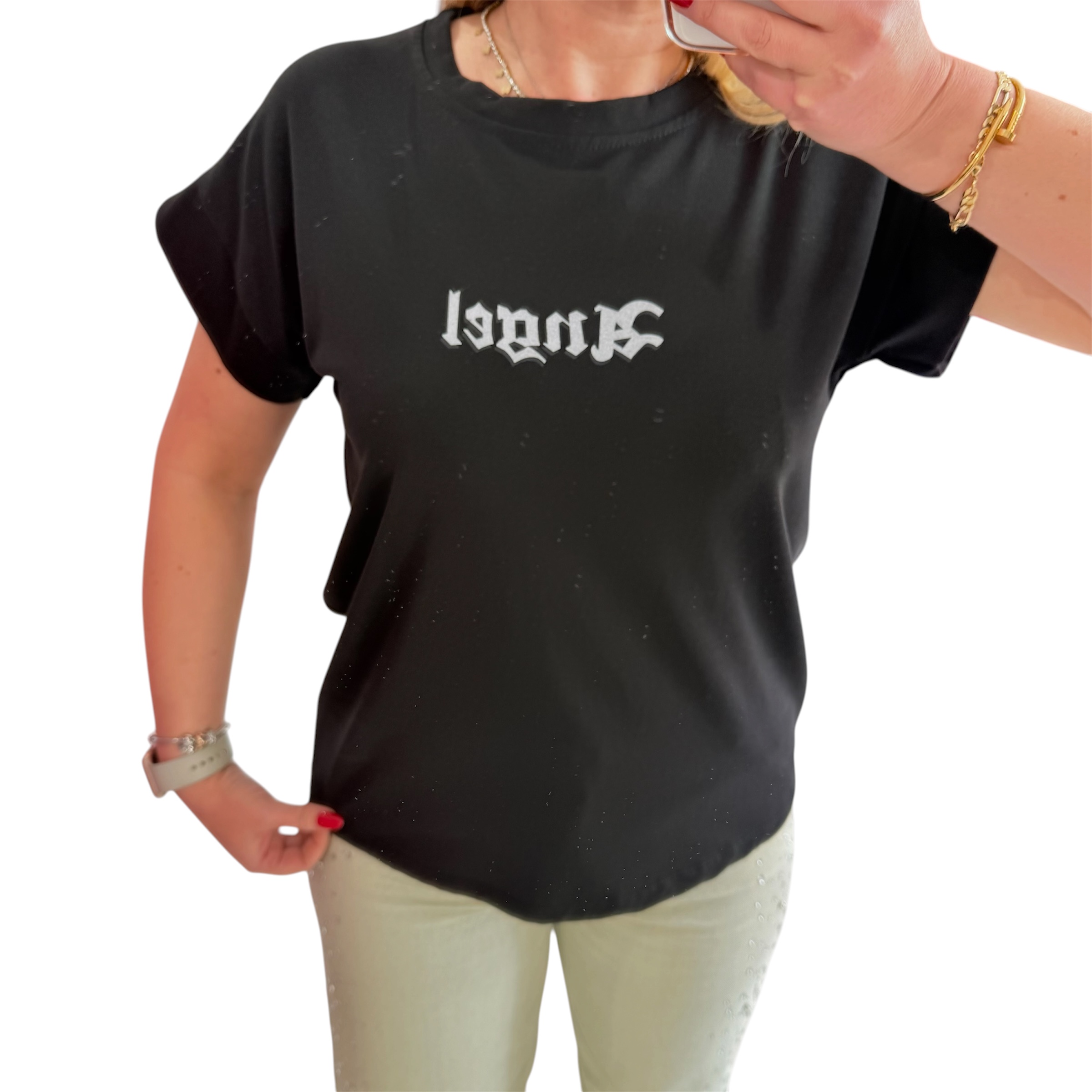 T-Shirt κοντομάνικο με στρας μαύρο φτερά