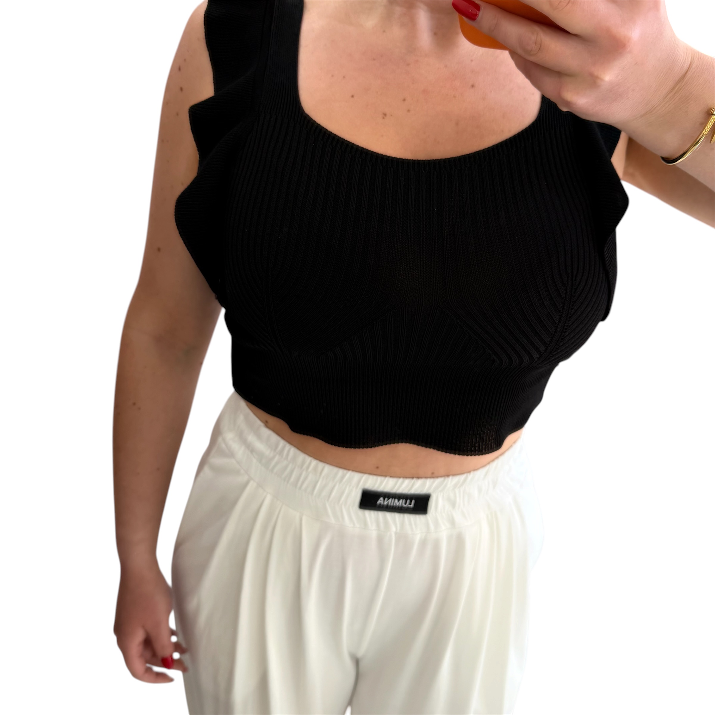 Μπλούζα crop top μαύρη με βολάν