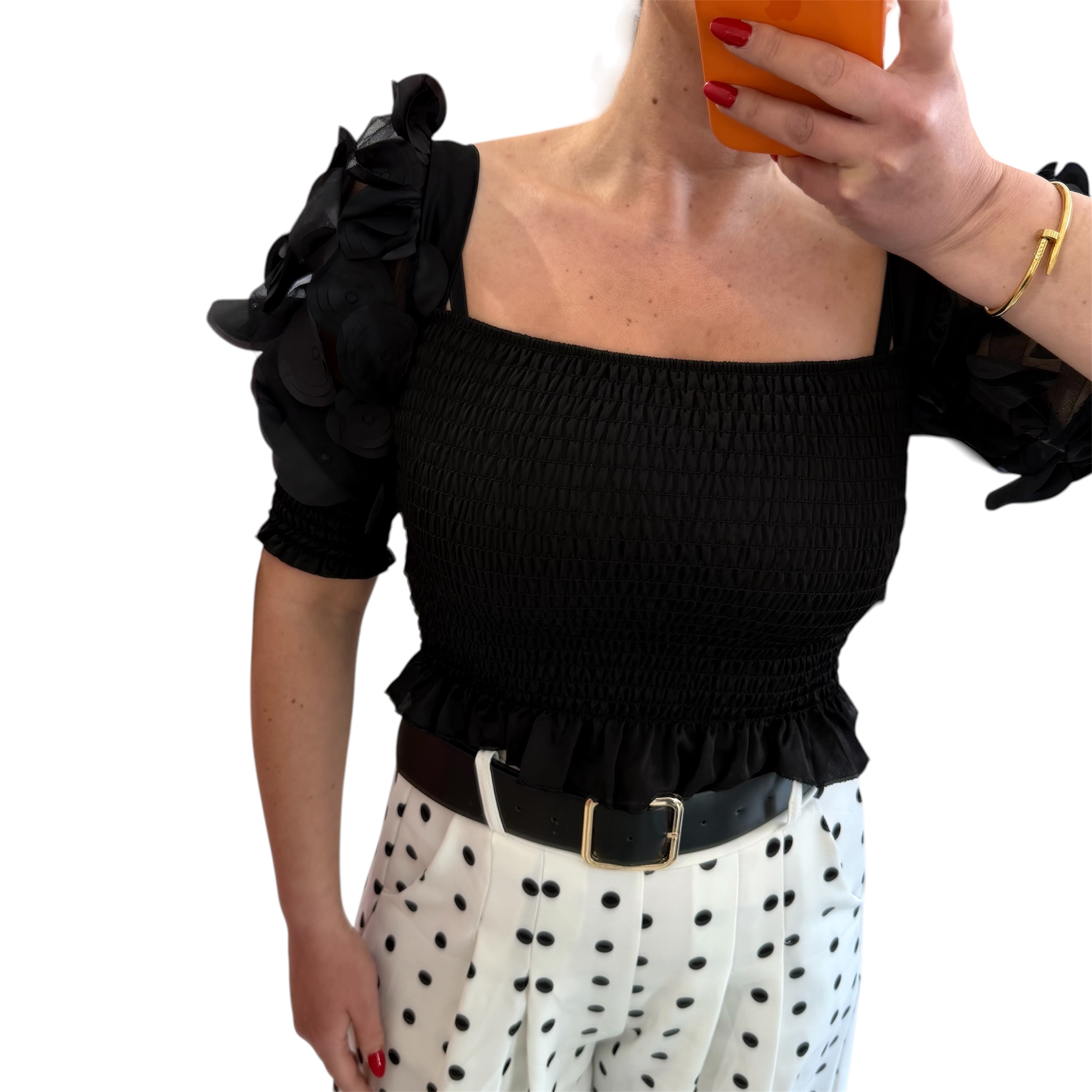 Μπλούζα crop top μαύρη κοντομάνικη με τούλινη λεπτομέρεια