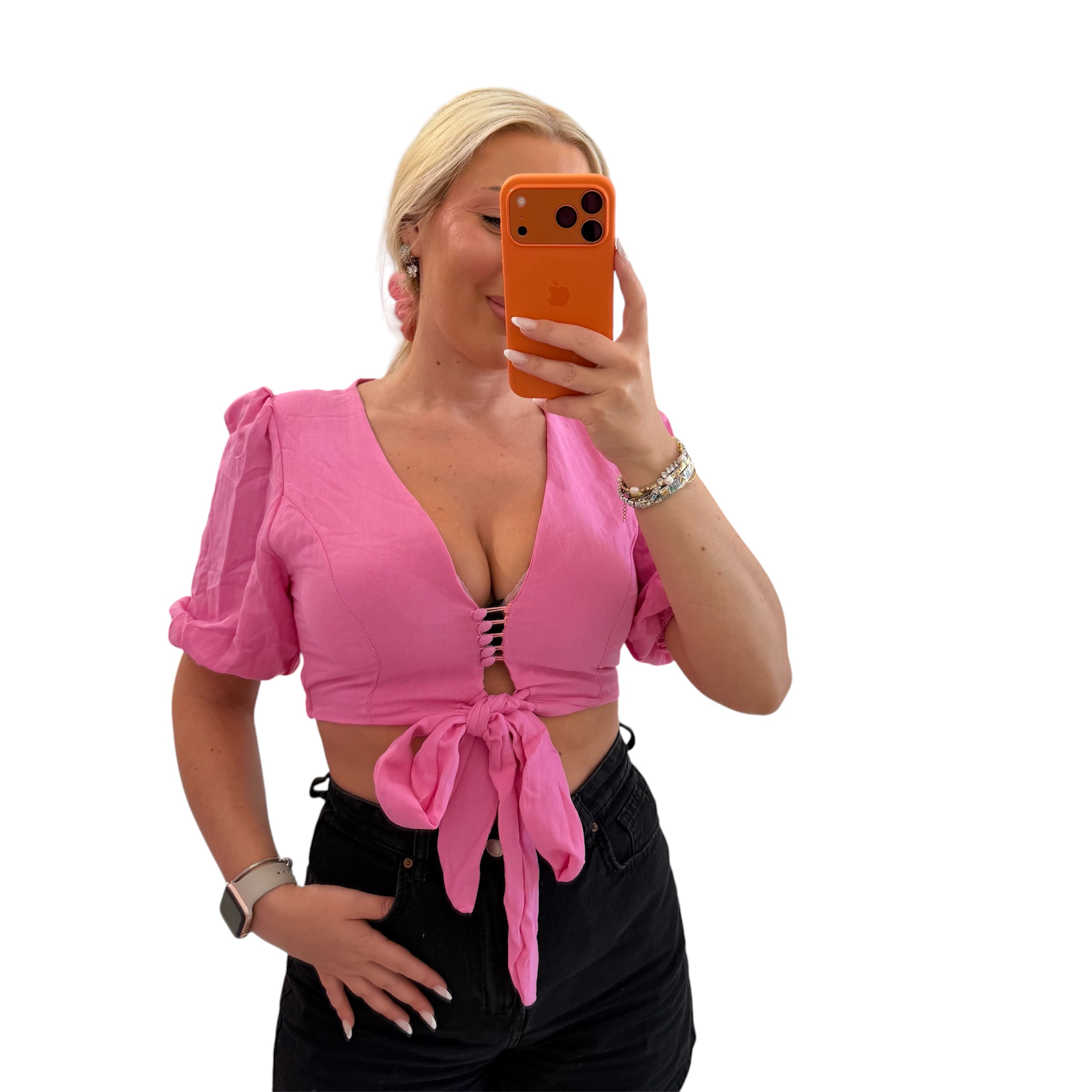 Πουκάμισο με μανίκι crop top με υφασμάτινα κουμπιά ροζ