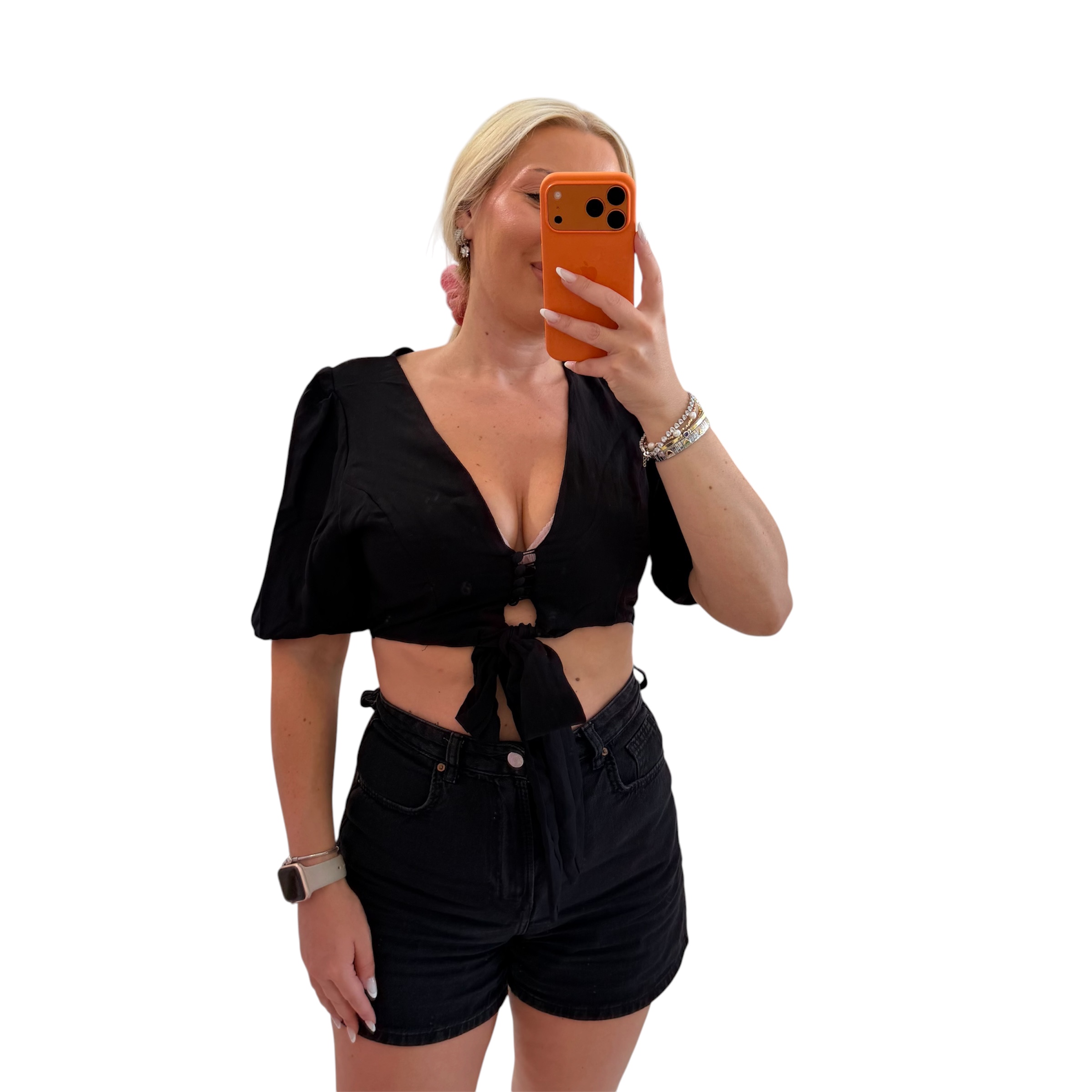 Πουκάμισο με μανίκι crop top με υφασμάτινα κουμπιά μαύρο