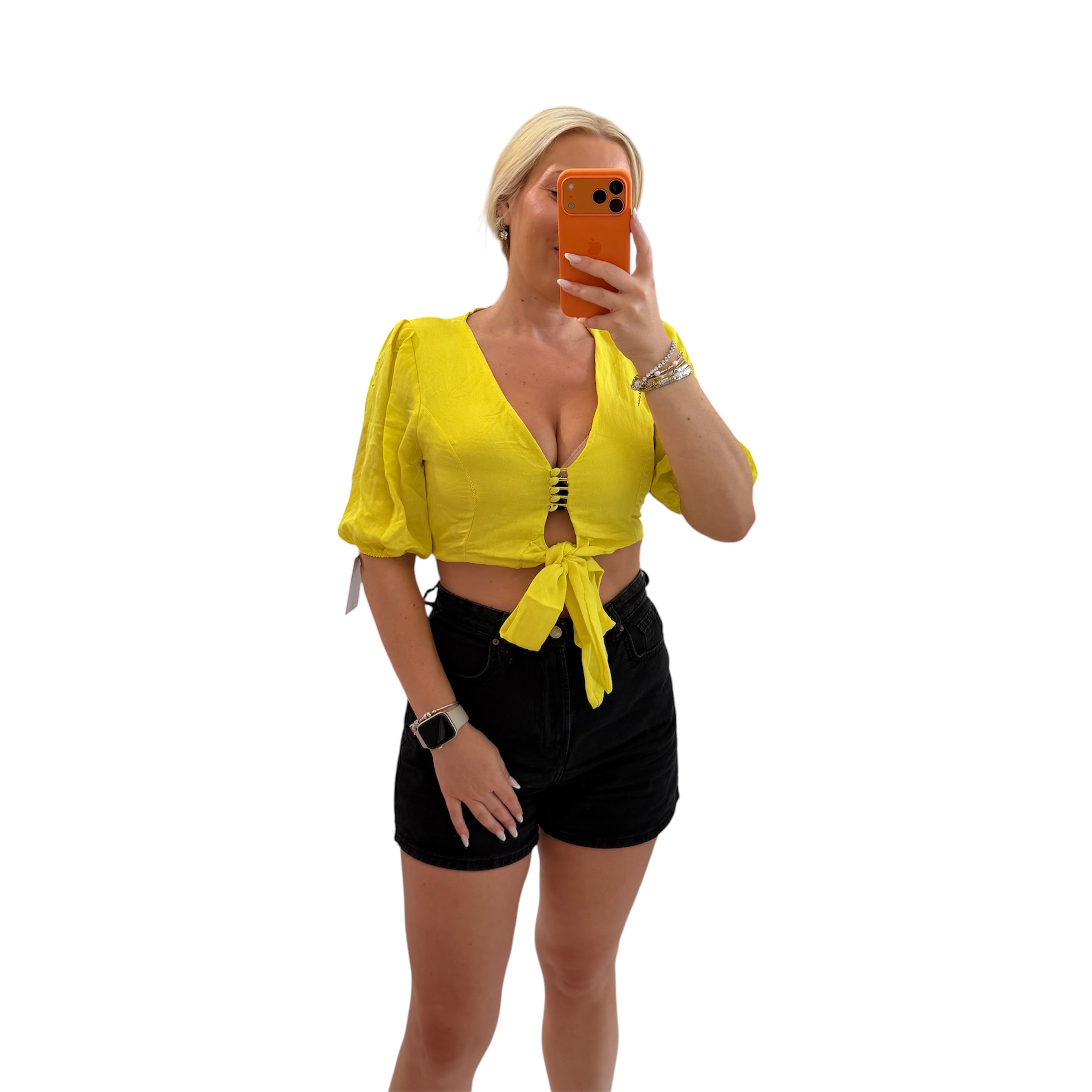 Πουκάμισο με μανίκι crop top με υφασμάτινα κουμπιά κίτρινο