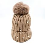 Σκούφος πλεκτός με πέρλες και στρας μπεζ