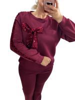 Σετ παντελόνι με μπλούζα μπορντό με βελούδινο φιόγκο και πούλιες
