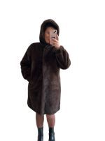 Γούνα καφέ σκούρο με κουκούλα και τσέπες