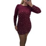 Φόρεμα μπορντό ριμπ με πέρλες μίνι