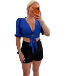 Πουκάμισο με μανίκι crop top με υφασμάτινα κουμπιά μπλε