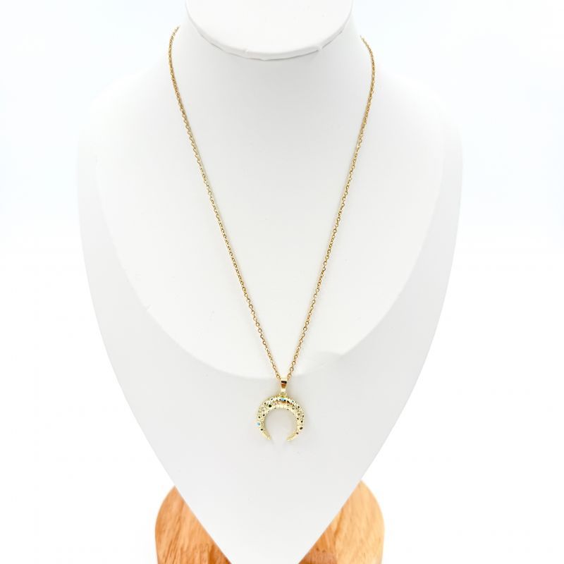 Φωτογραφία από Σετ ατσάλινο κολιέ με σκουλαρίκια χρυσό μισοφέγγαρο με πολύχρωμες πέτρες