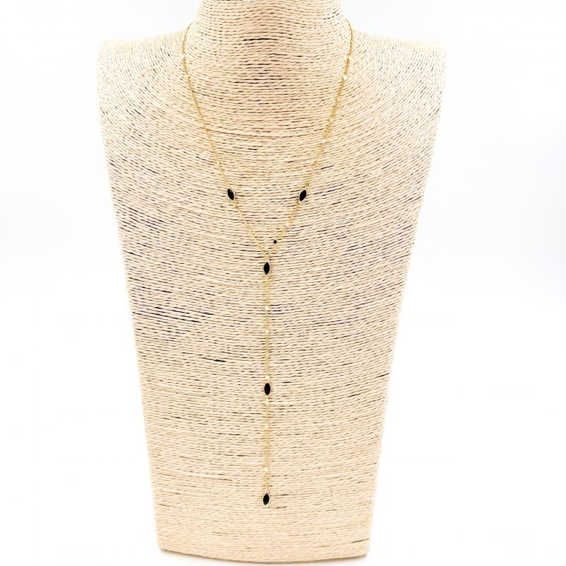 Φωτογραφία από Κολιέ ατσάλινο αλυσίδα λεπτή σε σχήμα Y με μαύρες πέτρες