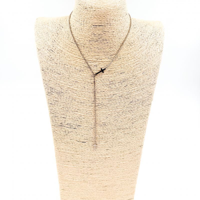 Φωτογραφία από Κολιέ ατσάλινο αλυσίδα λεπτή σε σχήμα Y με σταυρό ασημί και στρας