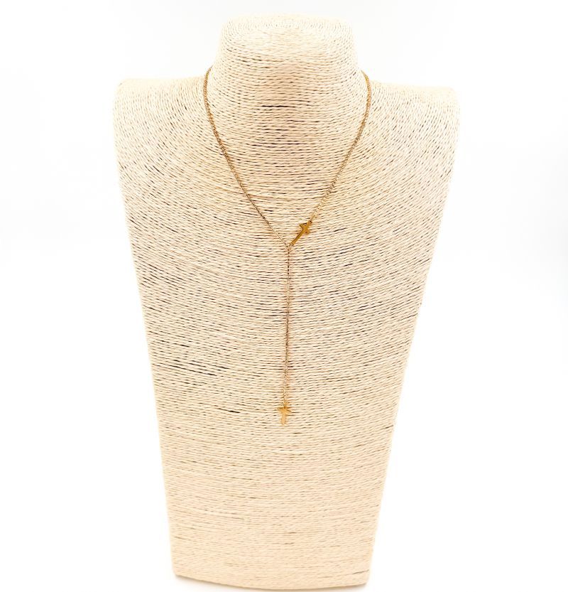 Φωτογραφία από Κολιέ ατσάλινο αλυσίδα λεπτή σε σχήμα Y με σταυρό χρυσό και στρας