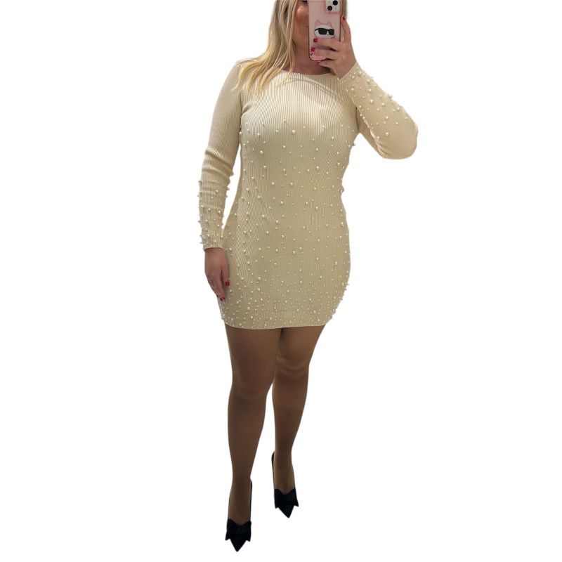 Φωτογραφία από Φόρεμα μπεζ ριμπ με πέρλες μίνι