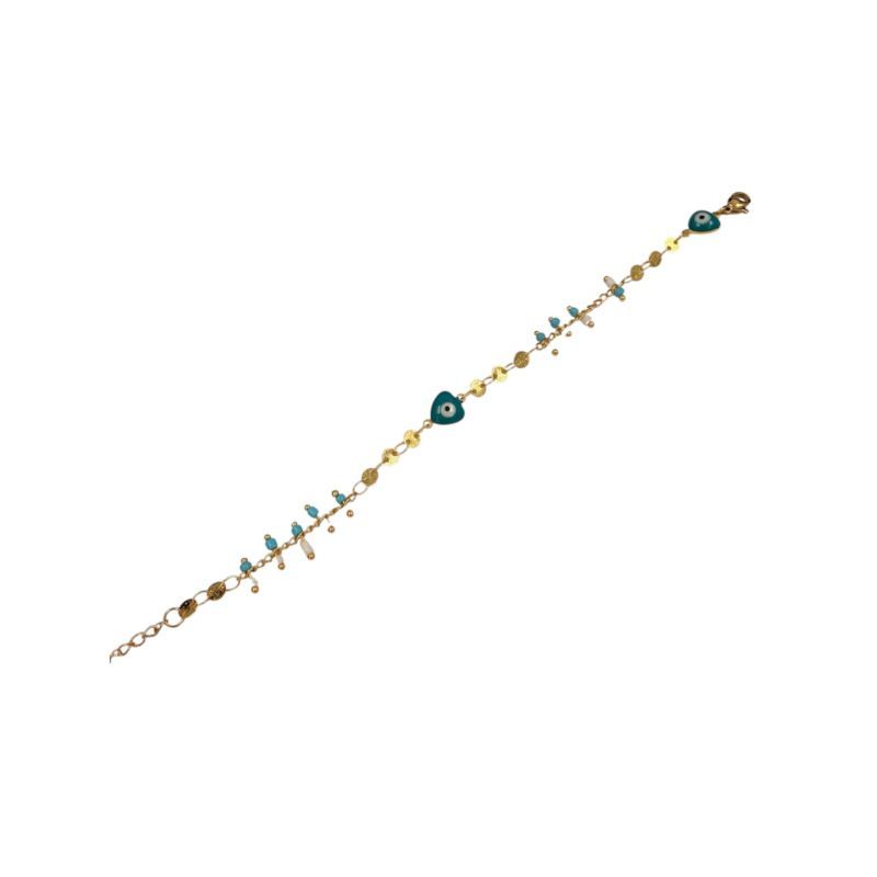 Φωτογραφία από Βραχιόλι ατσάλινο χρυσό με χάντρες τιρκουάζ και ματάκια