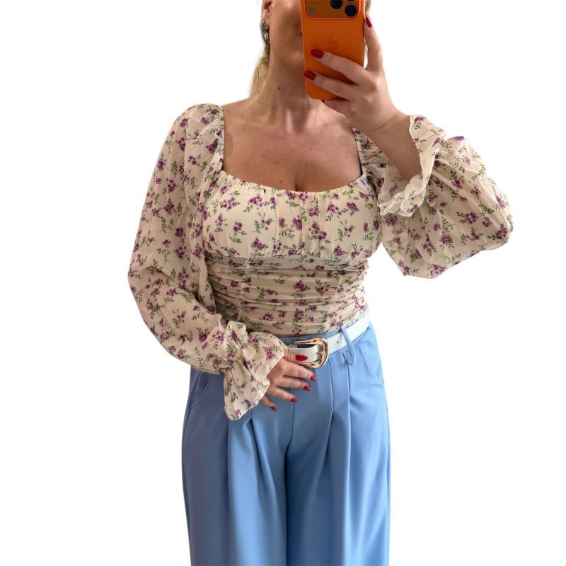 Φωτογραφία από Μπλούζα crop top Μακρυμάνικη με cups φλοραλ εκρού