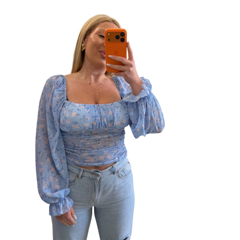 Φωτογραφία από Μπλούζα crop top Μακρυμάνικη με cups φλοραλ γαλάζιο