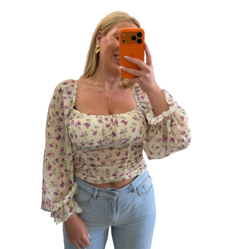 Φωτογραφία από Μπλούζα crop top Μακρυμάνικη με cups φλοραλ εκρού
